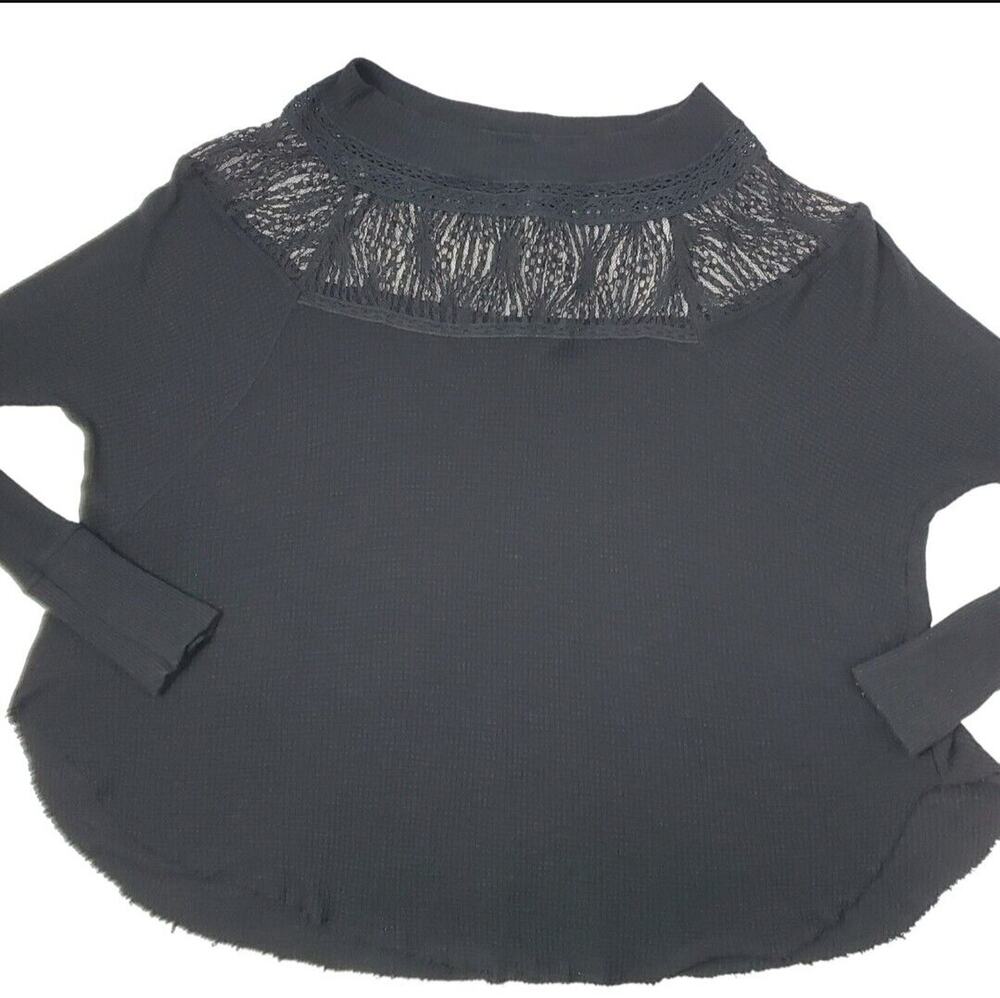 Free People Top M Spring Valley Thermal Black Lace Waffle Knit Womens Shirt
